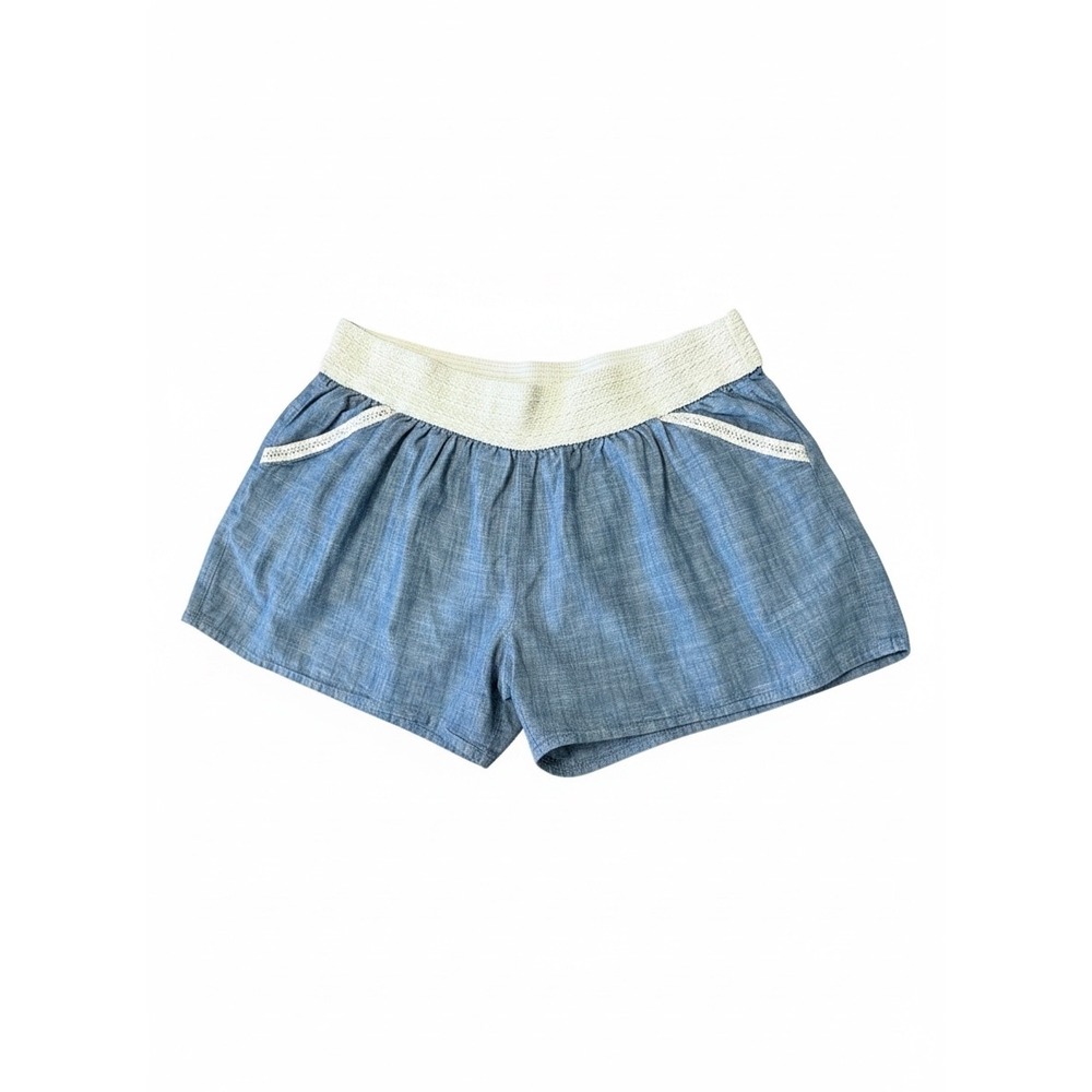 Just Be Womens 3X Blue Chambray Shorts Crochet Waist Lace Trim Cotton Plus Size